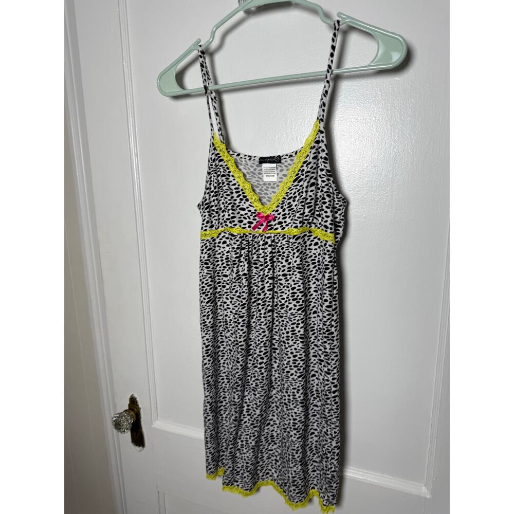 Vintage Y2K Black White Leopard Babydoll Lime Green Cami Mini Dress Women's MED - Picture 2 of 5